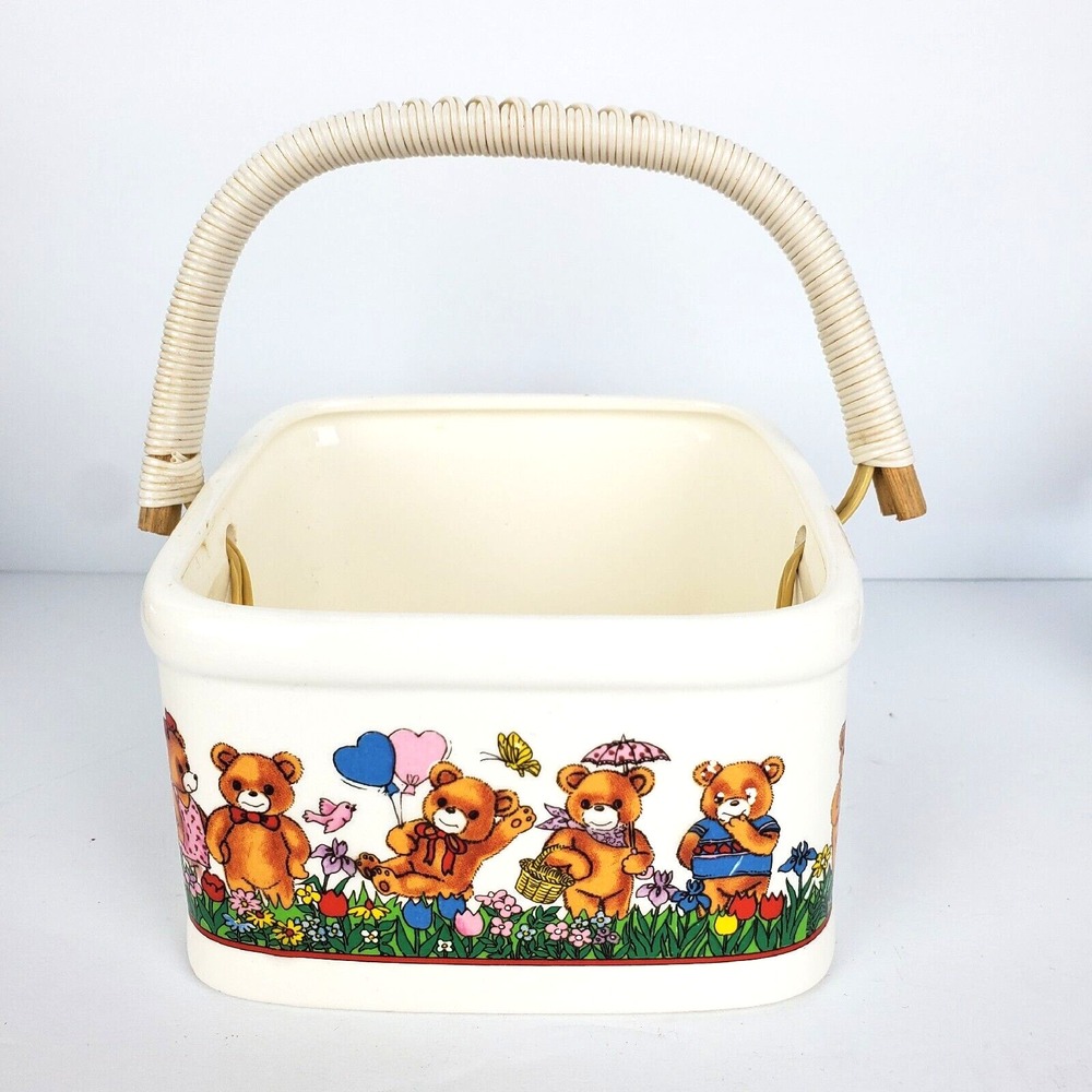Vtg Japan Ceramic Square Basket with Handle Bears Balloons Butterfly Springtime
